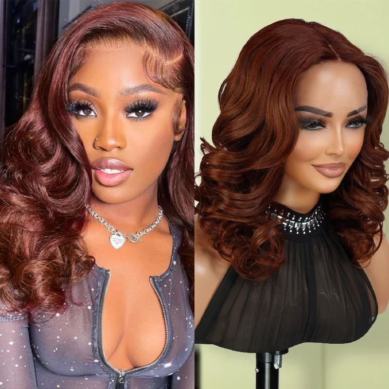 Lace wig with a silk - base cap for a comfortable and smooth feel100% Human Hair T-Part Lace Wig Copper Brown Loose Wave