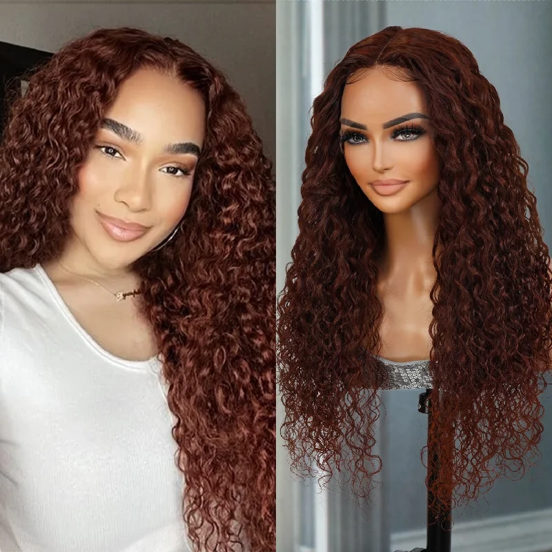 Lace wig with a pre - plucked hairline for a more natural look100% Human Hair T-Part Lace Wig Reddish Brown Water Wave