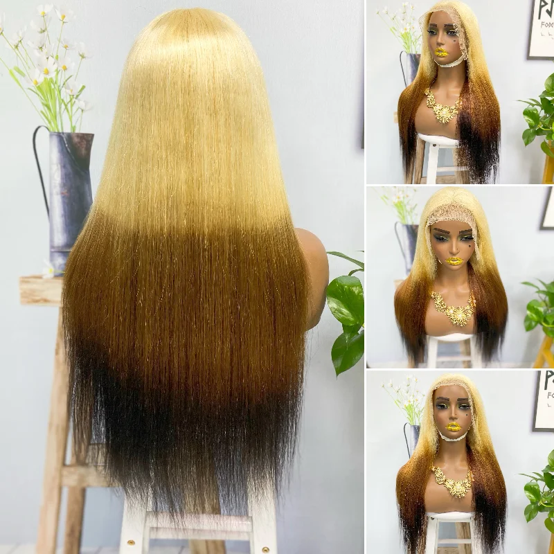 Lace wig with a 200 - density for a full and thick appearance13*4 Lace Wig Straight Natural Human Hair Lace Wigs Color T613/4/1B 250% Density