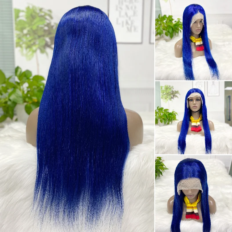 Lace wig with a pre - bleached knot for a natural - looking scalp13*4 Lace Wig Straight Natural Human Hair Lace Wigs Color Blue 250% Density