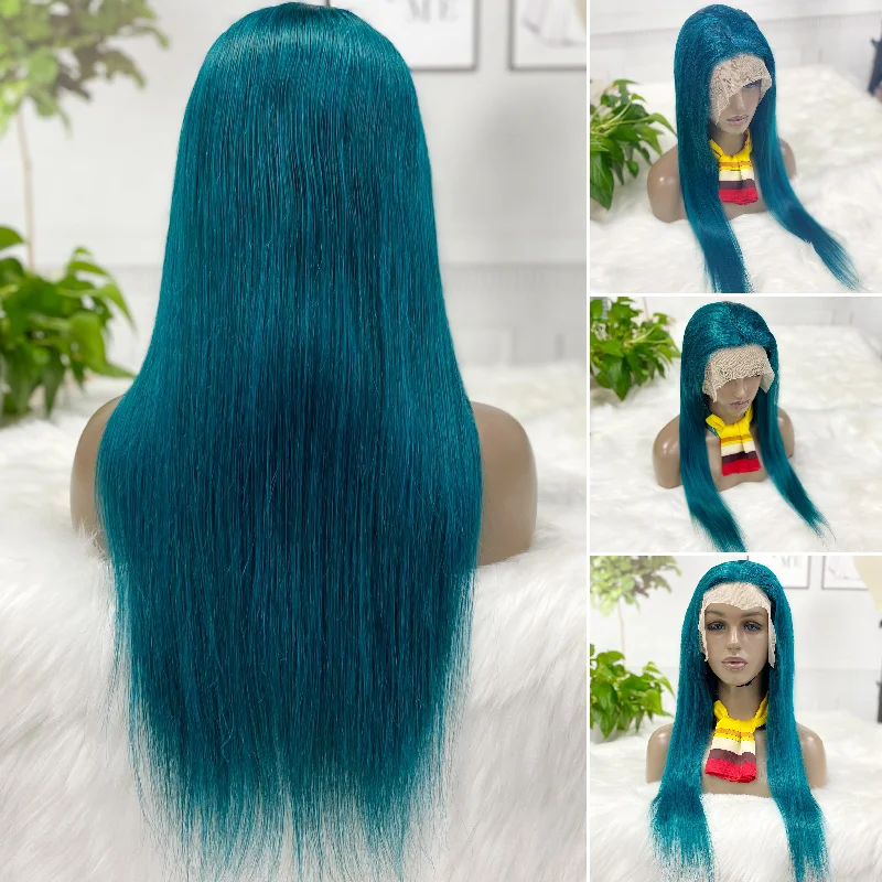 Lace wig with a 13x4 lace frontal for a wide - parting area13*4 Lace Wig Straight Natural Human Hair Lace Wigs Color Green 250% Density