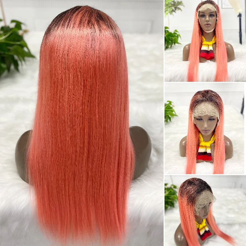 Lace wig with a silk - base cap for a comfortable and smooth feel13*4 Lace Wig Straight Natural Human Hair Lace Wigs Color T1B/Pink 250% Density