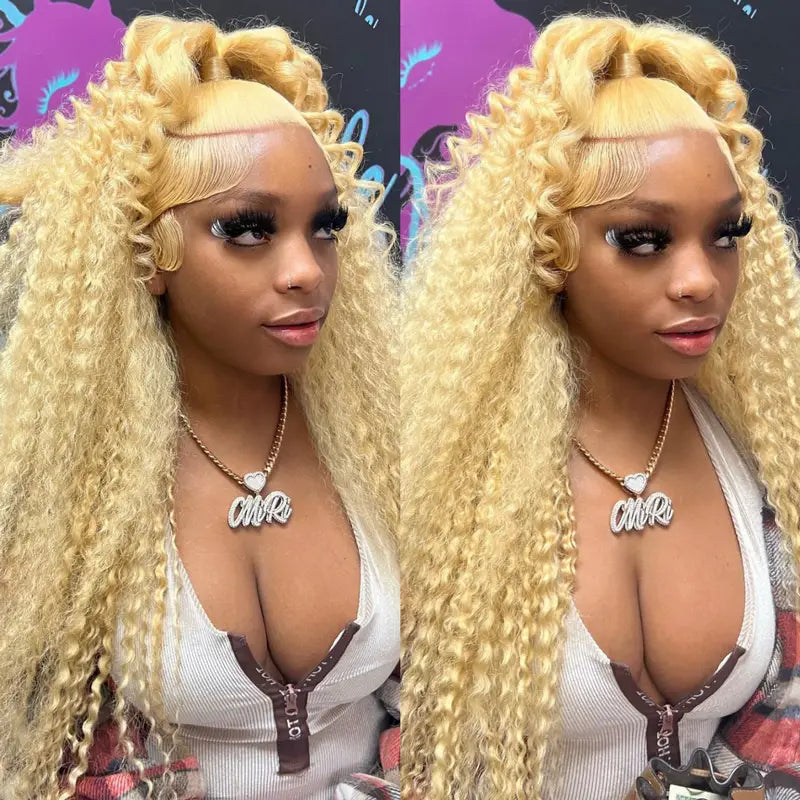 Lace wig with a natural - looking root for a more realistic look5x5 Lace Closure Blonde 613 Deep Wave Human Hair Wig Pre-Plucked Melting Transparent Lace