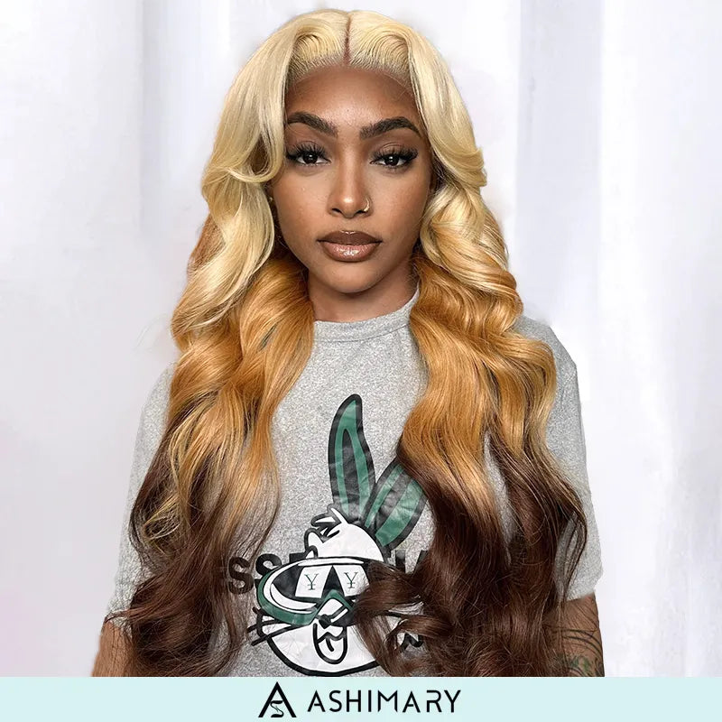 Lace wig with a natural - looking root for a more realistic look613 Blonde Brown Ombre Body Wave 13x4 Transparent Lace Front Wigs Ashimary Human Hair