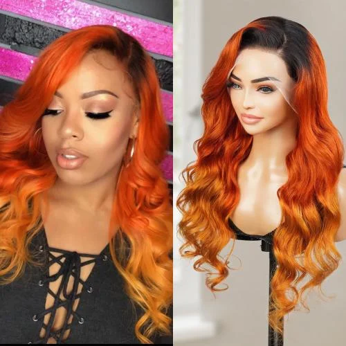 Lace wig with a curly texture for a bold and stylish choiceUpScale 100% Human Hair Glueless 13x4 Lace Frontal Wig Red Orange Loose Wave 24"