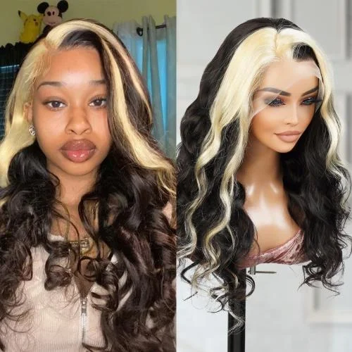 Lace wig with a wispy fringe for a soft and feminine lookUpScale 100% Human Hair Glueless 13x4 Lace Frontal Wig Honey Blonde Highlight Body Wave 20"