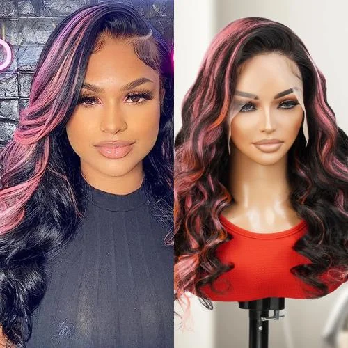 Human - hair lace wig for a luxurious and natural feelUpScale 100% Human Hair Glueless 13x6 Lace Frontal Wig Pink Highlight Body Wave 20"