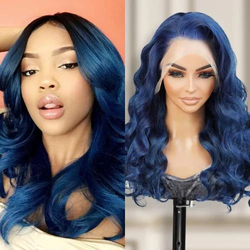 Lace wig with a pre - bleached knot for a natural - looking scalpUpScale 100% Human Hair Glueless 13x4 Lace Frontal Wig Light Blue Body Wave 20"