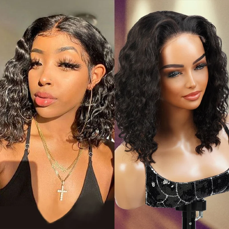 Lace wig with a curly texture for a bold and stylish choiceWear and Go Pre Cut Glueless 100% Virgin Human Hair 5x5 Lace Wig Deep Wave Bob 12"