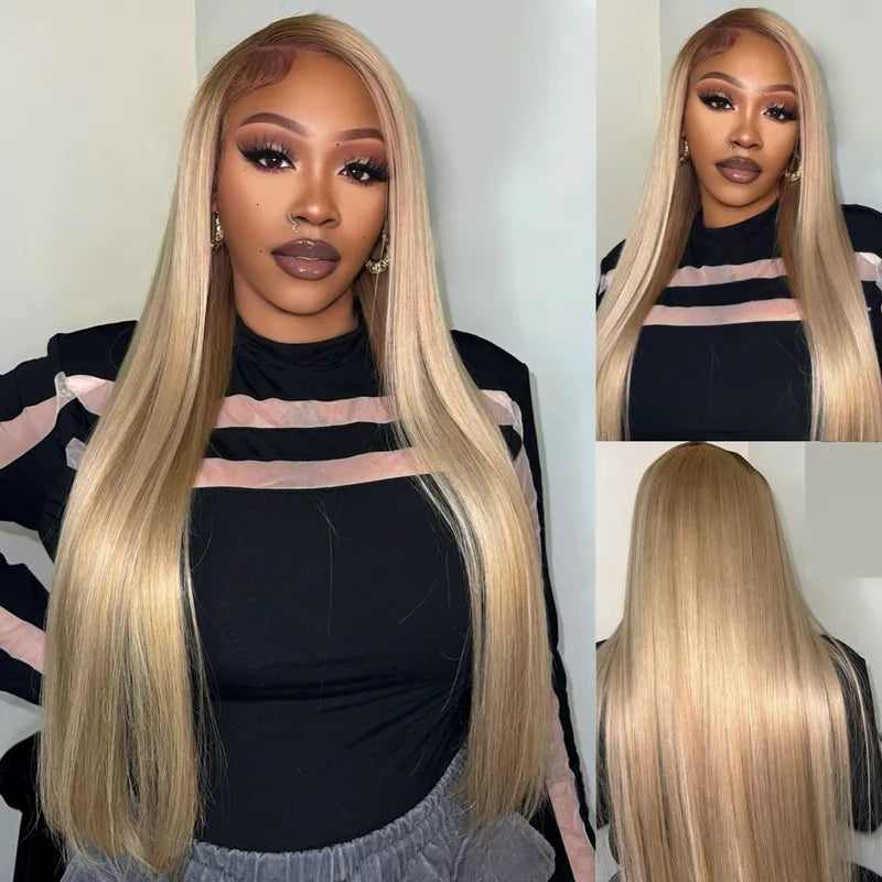 Adjustable - cap lace wig for a comfortable fitAsh Blonde Dark Root Straight 13x4 Transparent Lace Frontal Every Day Wear Pre Plucked Human Hair Wig