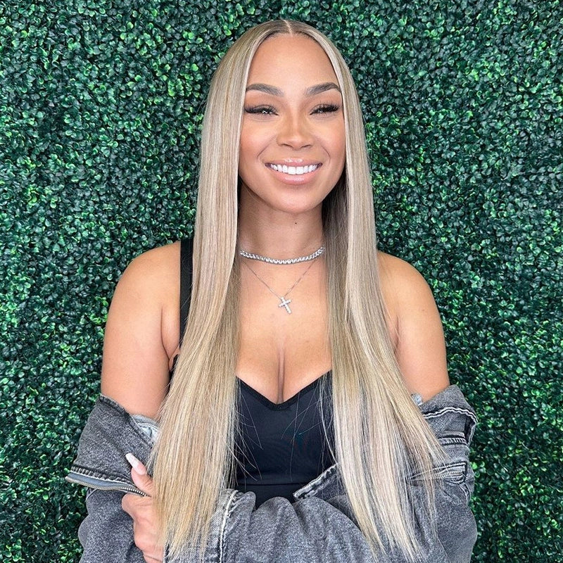 Lace wig in a chocolate - brown color for a rich and warm appearanceAsh Blonde With Platinum Highlight Straight 13x4 Lace Frontal Wig 100% Human Hair