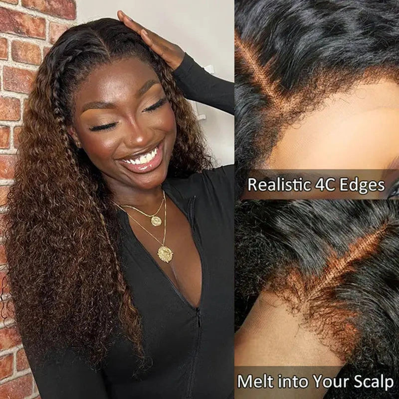 Lace wig with a honey - blonde color for a warm and sunny appearanceAshimary 4C Edges Ombre Brown Deep Wave Kinky Edges 13x4 Transparent Lace Front Wig 100% Human Hair