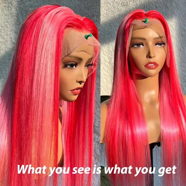 Lace wig with a natural - looking root for a more realistic lookPink Highlight Straight Hair 13x4 Transparent Lace Frontal Wigs Human Hair