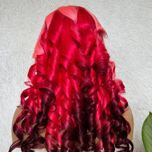 Lace wig with a side - part for a more flattering lookPink Ombre Three Colors Body Wave 13x4 Transparent Lace Frontal Wigs Human Hair