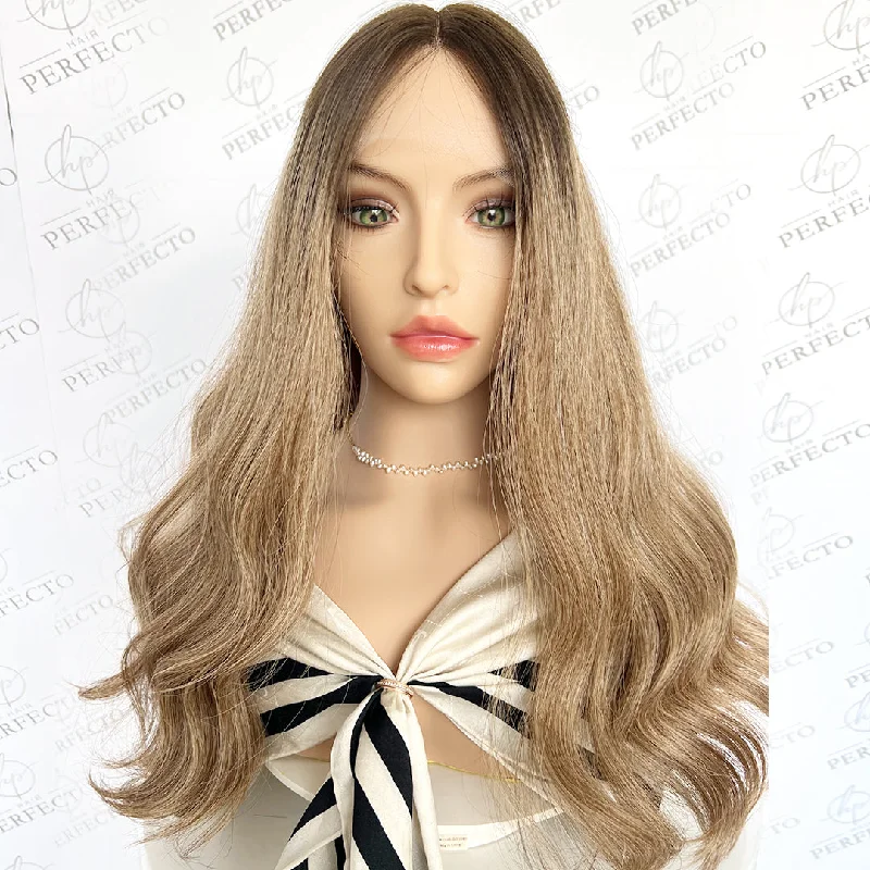 Lace wig with a pre - bleached knot for a natural - looking scalpBest Dirty Blonde Highlights Human Hair Wigs With Dark Roots - Harper