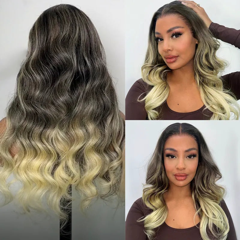 Lace wig with a 13x4 lace frontal for a wide - parting areaBlonde Balayage with Dark Roots Body Wave Customized Color for Black Women 13x4 Transparent Lace Frontal Human Hair Wig