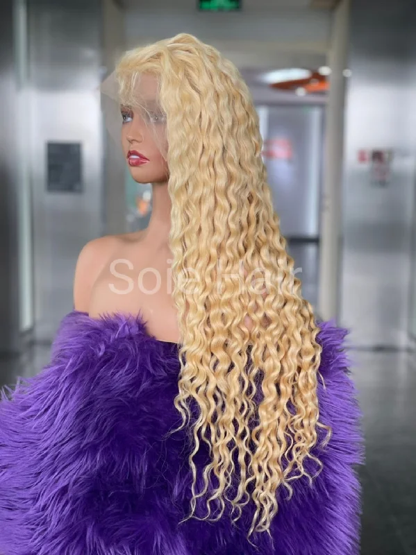 Synthetic lace wig with a heat - resistant formulaTop Virgin Blonde 613 Curly Lace Frontal Wigs - Long