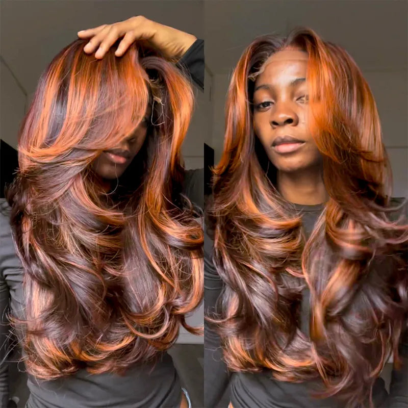 Full - lace wig with a natural - looking hairline for a seamless appearanceBrown with Ginger Highlights Body Wave 13x4 Transparent Lace Frontal Human Hair Wig