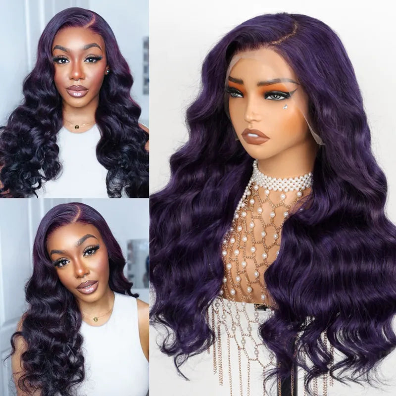 Lace wig with a pre - plucked hairline for a more natural lookDark Purple 3D Body Wave 13x4 Transparent Lace Frontal Wig Pre Plucked & Pre Curled Human Hair Wig