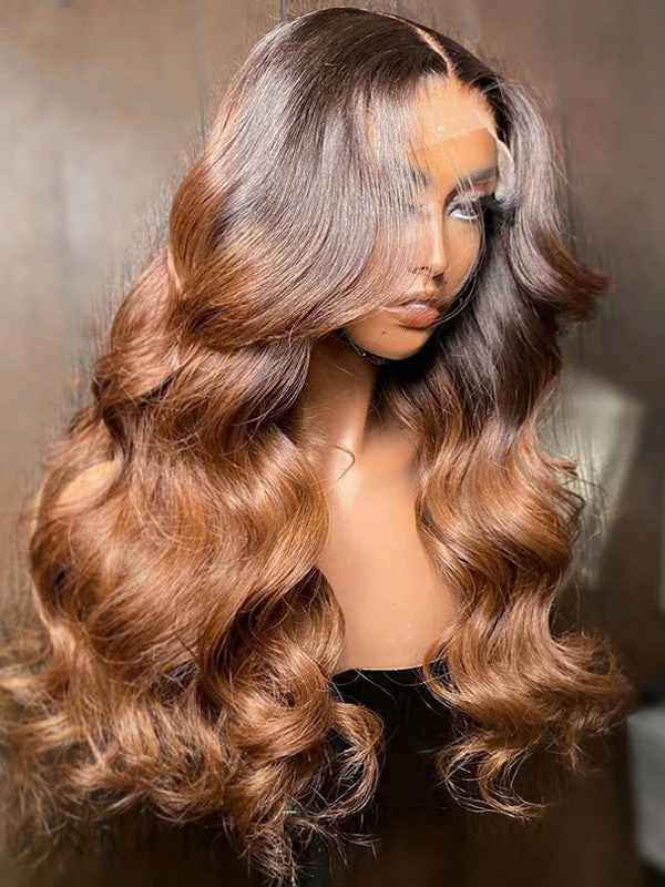 Lace wig with a pre - bleached knot for a natural - looking scalpOmbre Brown Chocolate Color Body Wave Pre Plucked Hairline Lace Frontal Wig Human Hair D11