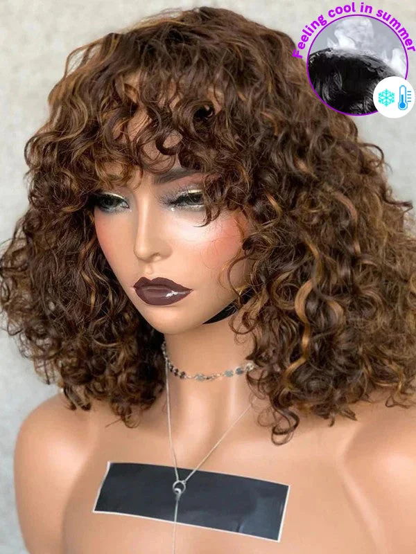 Lace wig with a honey - blonde color for a warm and sunny appearanceOmbre Brown Highlight Color Brazilian Human Hair Curly Short Bob 13*4 HD Lace Front Wig With Bangs Glueless D525