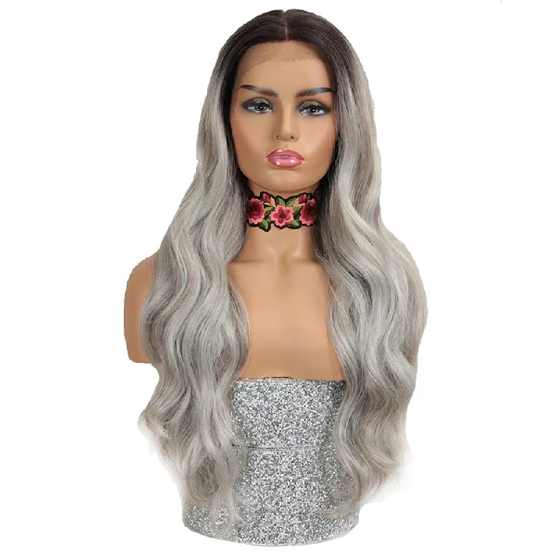 Lace wig with a wispy fringe for a soft and feminine lookNOBLE Easy 360 Synthetic Lace Front Wig | 28 Inch Body Wave | Silver Grey | Grace