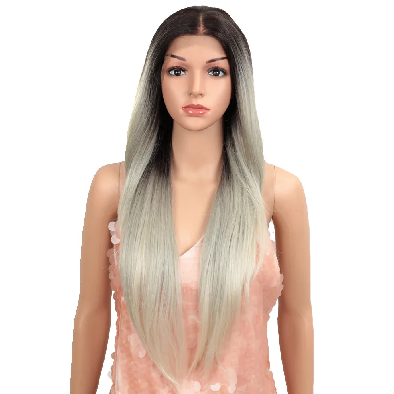 Lace wig with a silk - base cap for a comfortable and smooth feelNOBLE Easy 360 Synthetic Lace Front Wig | 28 Inch Long Straight |Platinum  Grey| Agatha