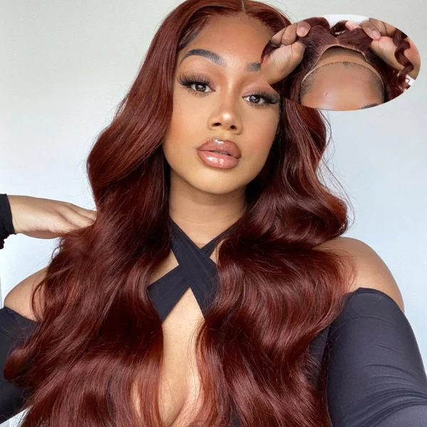 Lace wig with a straight texture for a sleek and minimalist lookInstall & GO Glueless 33# Reddish Brown Body Wave 4x4 13x4 Lace Wigs Wear On The Daily Wig