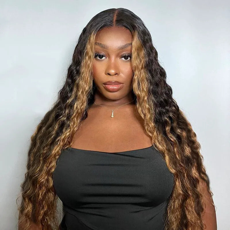 Lace wig with a side - swept bang for a sophisticated lookHoney Blonde Highlight with Skunk Stripe 13x4 Lace Frontal Volumized Loose Wave Human Hair Wig