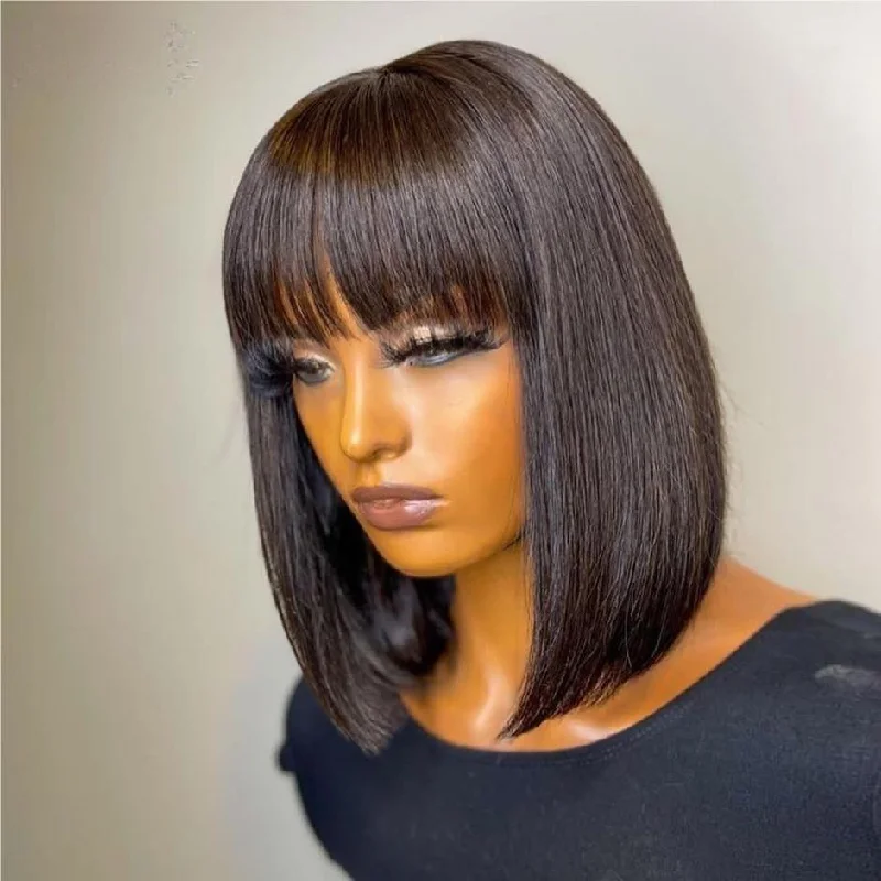 Lace wig with a side - swept bang for a sophisticated lookMORE FACE Bob Wig With Bangs No Lace Straight Human Hair Wigs Full Machine Made Wig