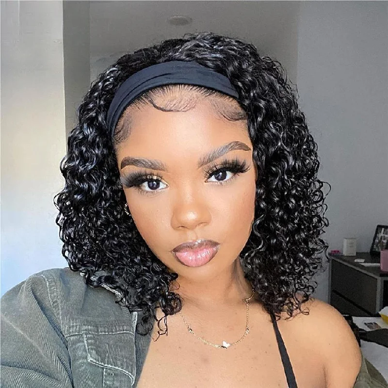 Lace wig with a pre - plucked hairline for a more natural lookMORE FACE Headband Bob Wig Kinky Curly Human Hair Wig No Lace Glueless Wig