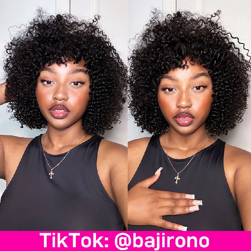 Lace wig with a 200 - density for a full and thick appearanceMORE FACE Kinky Curly Wig With Bangs Full Machine Made Short Bob Human Hair Wigs