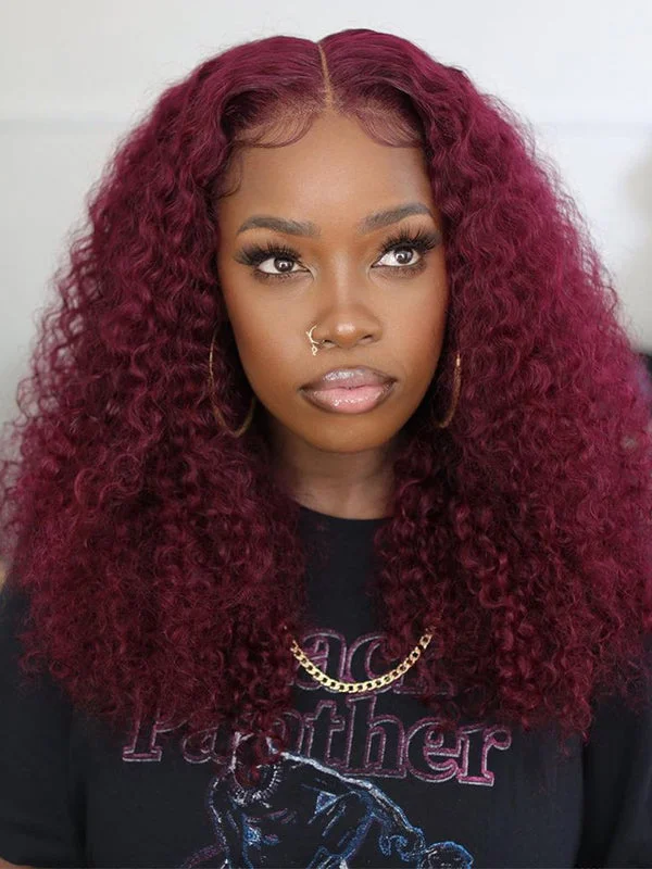 Lace wig with a side - part for a more flattering lookDoubleleafwig Burgundy 99J Color Brazilian Curly Human Hair  Glueless 13*4 HD Lace Front Wig D511