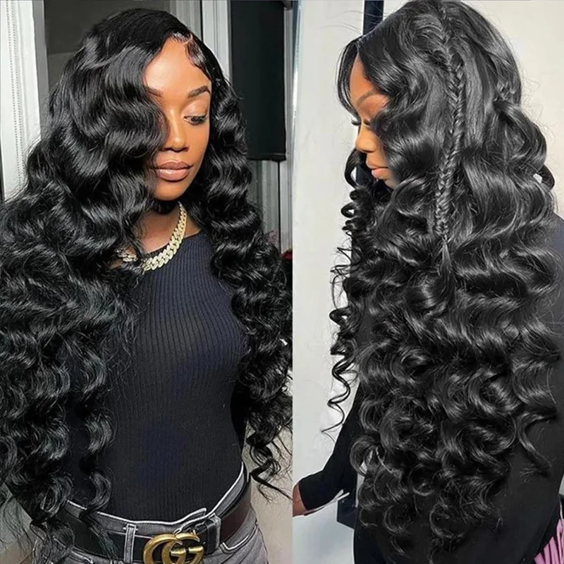 Brazilian - human - hair wig with a full and voluminous lookParting Max 9x6 Glueless Wig #1 Jet Black Loose Deep Wave Wig Pre Plucked & Bleached Ready to Go