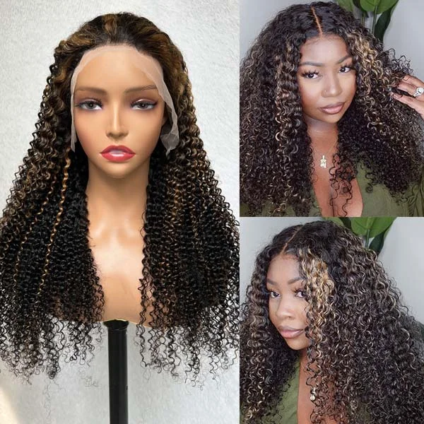 Lace wig with a silk - base cap for a comfortable and smooth feelPre Plucked Balayage Black & Blonde Highlights 13x4 HD Transparent Lace Frontal Wigs