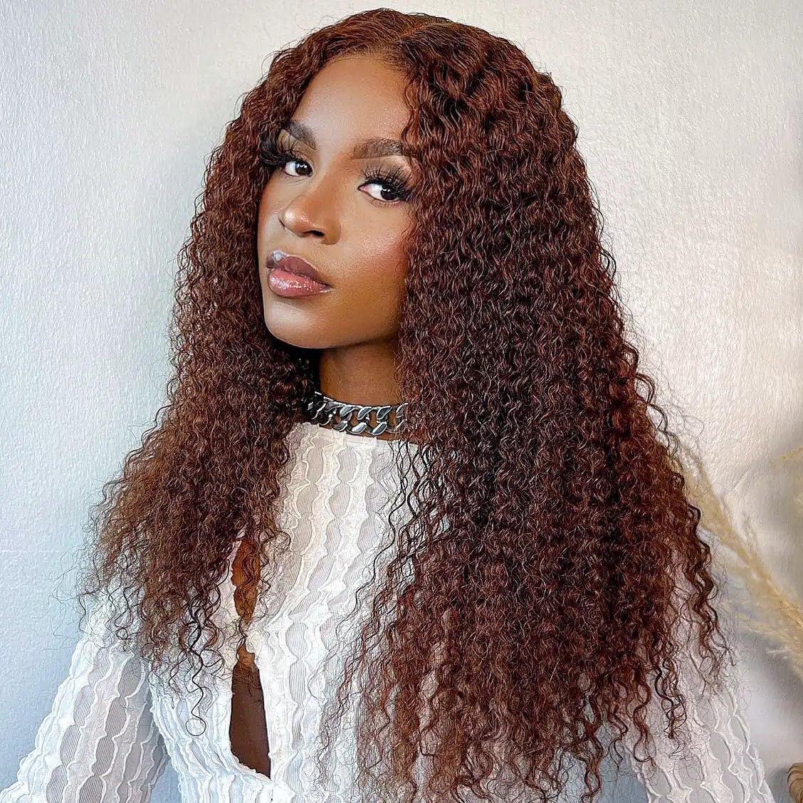 Adjustable - cap lace wig for a comfortable fitReddish Brown Jerry Curly HD Transparent Lace Wigs