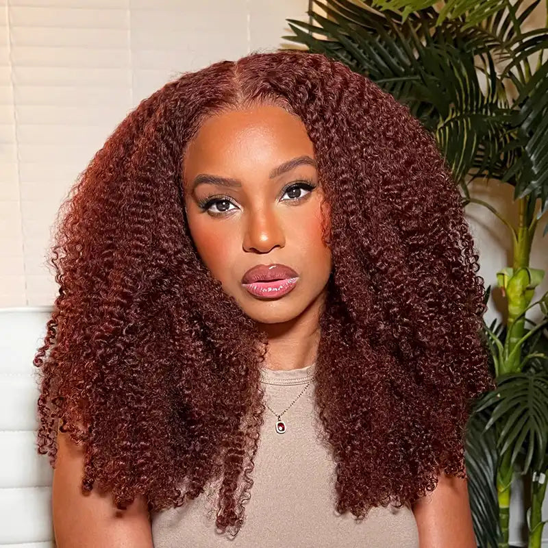 Lace wig with a middle - part for a classic and elegant styleReddish Brown Kinky Curly HD Transparent Lace Wigs