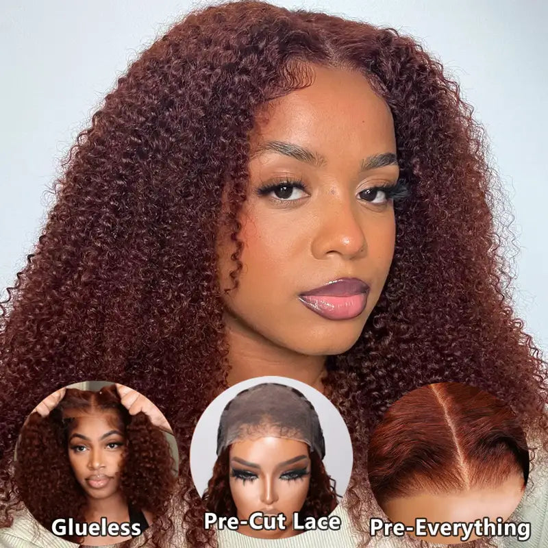 Human - hair lace wig for a luxurious and natural feelReddish Brown Pre Eveything Wear & Go kinky Curly 5x5 Transparent Pre-cut Lace Closure Wig  Beginner Friendly Glueless Hair