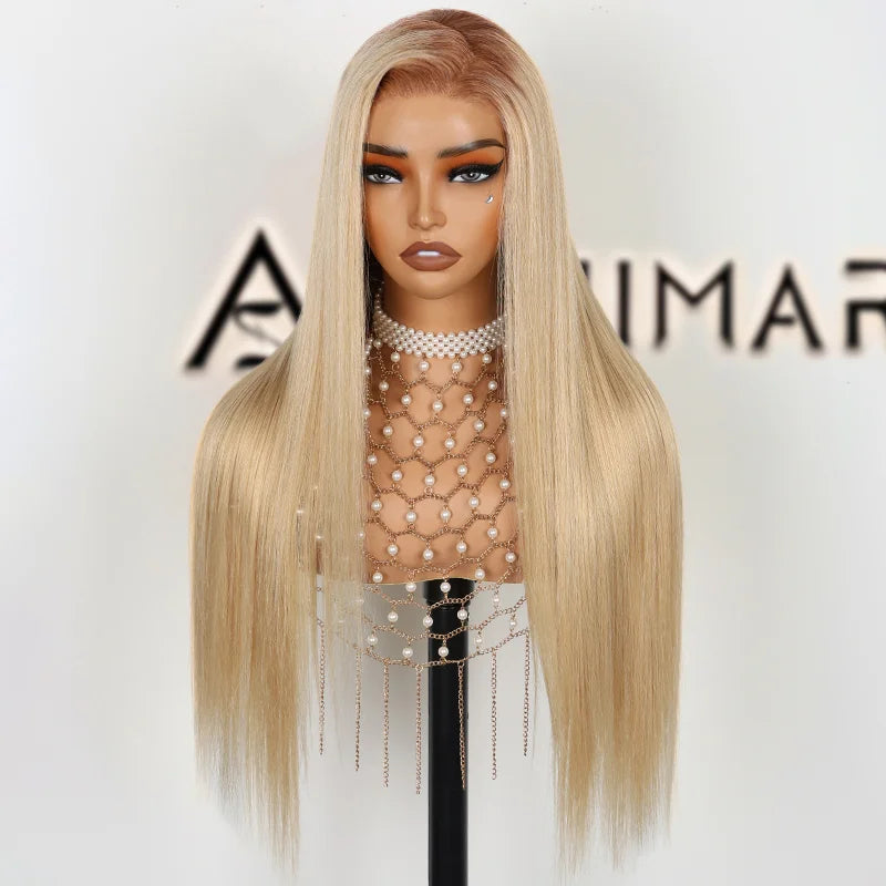 Lace wig with a natural - looking root for a more realistic lookShadow Root Blonde Straight 13x4 Lace Frontal Skin Melt Pre-Bleached Tiny Knots Human Hair Wig