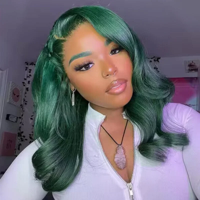 Human - hair wig with a 180 - density for a full and thick appearanceSterly Emerald Green Wavy Wig Human Hair Straight/Body Wave Long Colored Lace Front Wigs