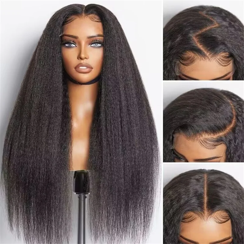 Indian - human - hair wig with a natural - looking shineSterly Hair Parting Max Glueless Wig Yaki Straight  / Kinky Straight Wigs Pre Plucked & Bleached Wear to Go