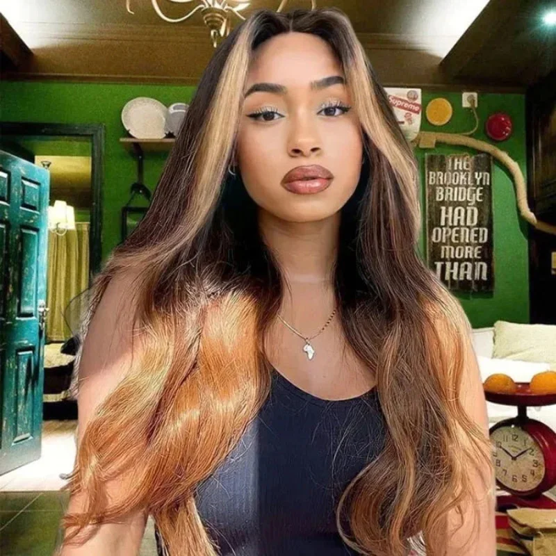 Human - hair wig with a natural - looking root for a more realistic lookSterly Hair T1B/4/27 Highlights Brown Ombre Wigs Highlight Body Wave Wigs