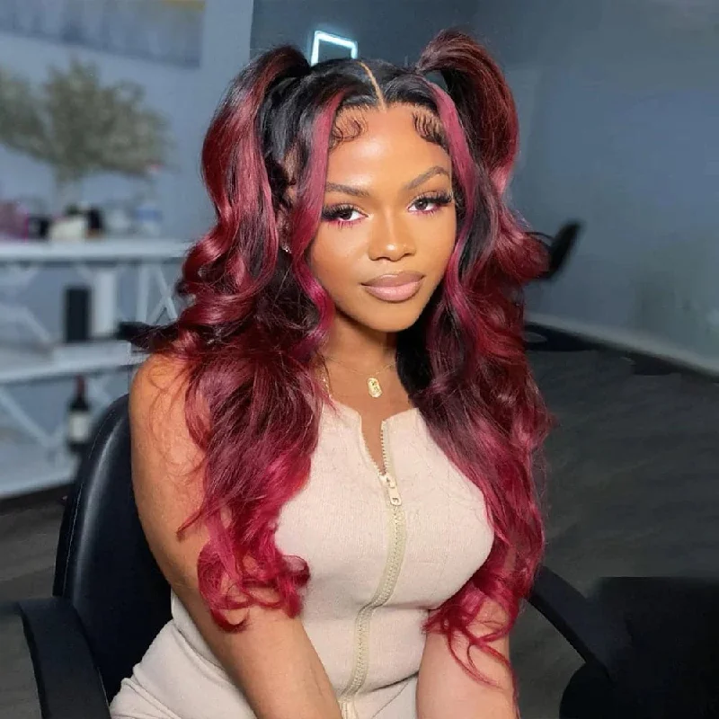 Brazilian - human - hair wig with a full and voluminous lookSterly Natural Black Roots 99J Burgundy Highlight Body Wave Human Hair 13×4 Lace Frontal Colored Highlight Wig