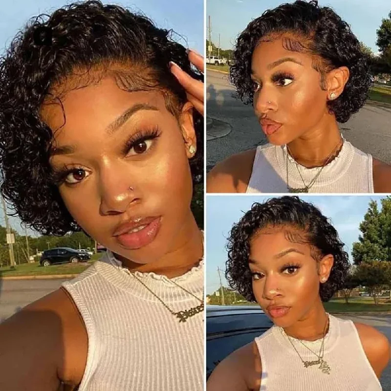 Human - hair wig with a straight texture for a sleek and minimalist lookSterly Short Pixie Cut Glueless Curly Wig Lace Front Human Hair Wigs