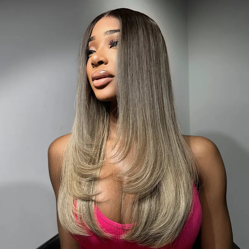 Lace wig with a wispy fringe for a soft and feminine lookStraight Blonde Balayage with Dark Roots 13x4 Transparent Lace Frontal Clean Bleached & Pre-Plucked Wig Customized Color for Black Women