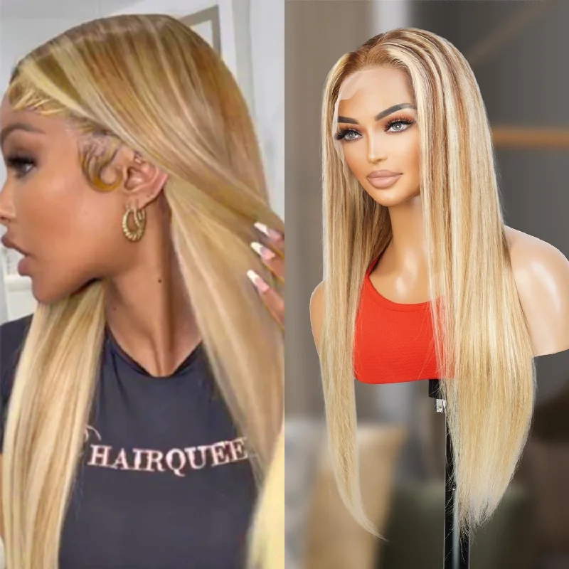 Synthetic lace wig with a heat - resistant formulaUpScale 100% Human Hair Glueless Pre Plucked 13x4 Lace Frontal Wig Ash Highlight Blonde Straight 22"