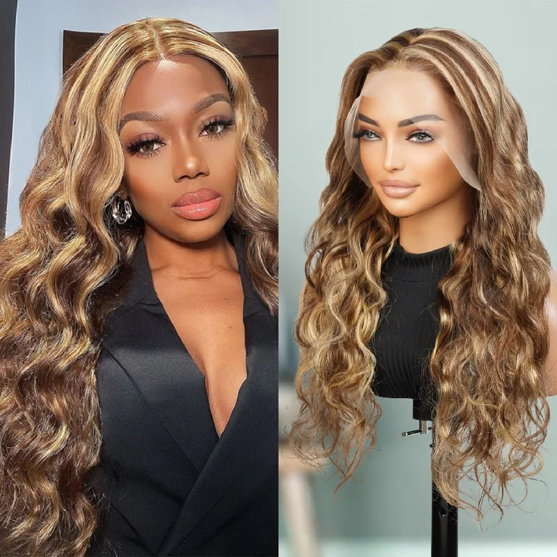 Lace wig with a curly texture for a bold and stylish choiceUpScale 100% Human Hair Glueless Pre Plucked 13x4 Lace Frontal Wig Honey Blonde Chunky Highlight Body Wave 24"