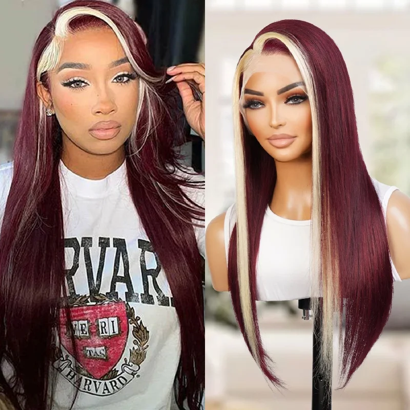 Lace wig with a 200 - density for a full and thick appearanceUpScale 100% Human Hair Glueless Pre Plucked 13x4 Lace Frontal Wig Redwine Blonde Skunk Stripe Straight 20"