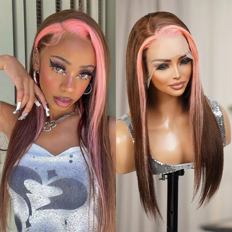 Lace wig with a 200 - density for a full and thick appearanceUpScale 100% Human Hair Glueless Pre Plucked 13x6 Lace Frontal Wig Pink Brown Highlight Straight 20"