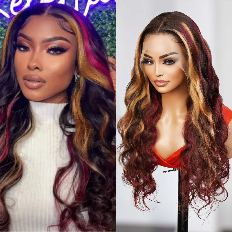 Lace wig with a 13x4 lace frontal for a wide - parting areaUpScale 100% Human Hair Glueless Pre Plucked 13x6 Lace Frontal Wig Red Blonde Highlight Body Wave 24"